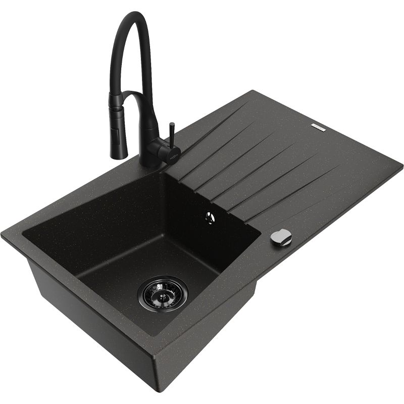 Zlewozmywak granitowy 1-komorowy Mexen Cesar z ociekaczem i baterią kuchenną Aster szary - 6514-71-73450-07-B 1 szt.