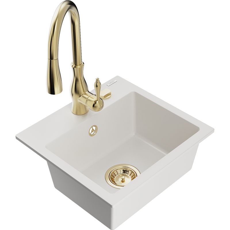 Zlewozmywak granitowy 1-komorowy Mexen Milo z baterią kuchenną Savita biały 6505-20-672601-50