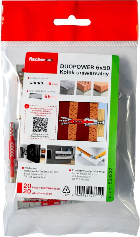 Kołek uniwersalny Fischer Duopower 6 x 50 mm z wkrętem 20 szt.