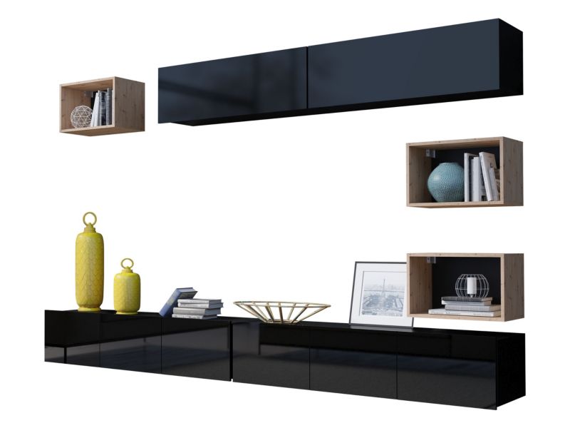 Meblościanka MIRJAN 24 Calabrini XXXI czarny / czarny połysk + dąb artisan 1 kpl.