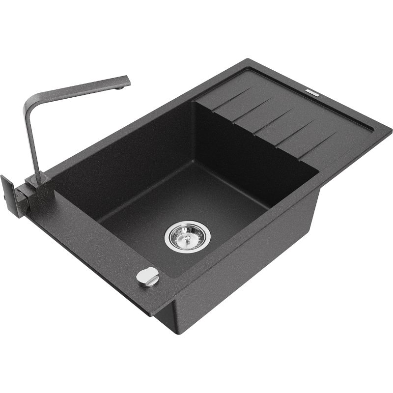 Zlewozmywak granitowy 1-komorowy Mexen Elias z ociekaczem i baterią kuchenną Rita czarny nakrapiany - 6511-76-670300-50 1 szt.