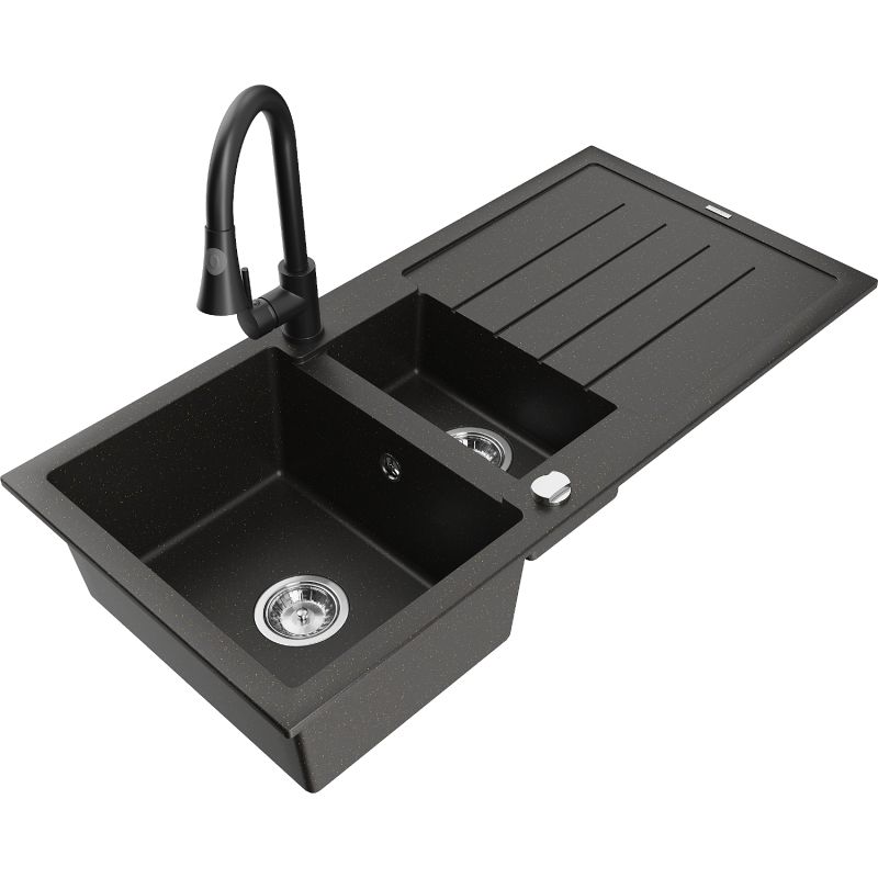 Zlewozmywak granitowy 1.5-komorowy Mexen Andres z ociekaczem i baterią kuchenną Elia szary - 6515-71-670101-71 1 szt.