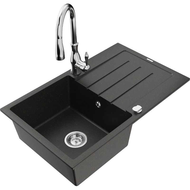 Zlewozmywak granitowy 1-komorowy Mexen Bruno z ociekaczem i baterią Savita czarny/złoty metalik - 6513-75-672601-70 1 szt.