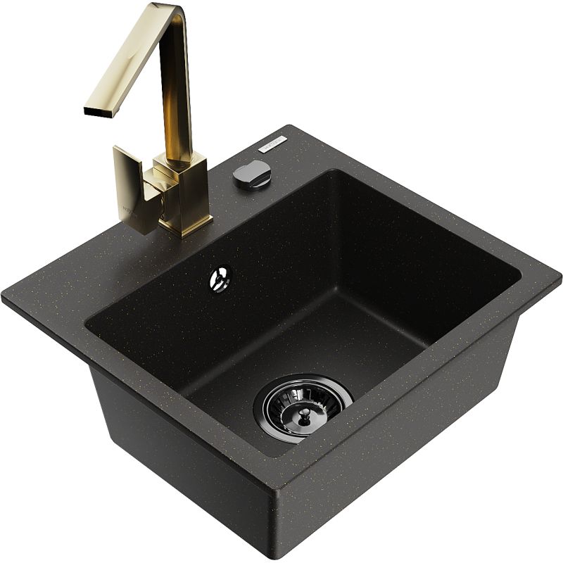 Zlewozmywak granitowy 1-komorowy Mexen Milo z baterią kuchenną Rita szary - 6505-71-670300-70 1 szt.