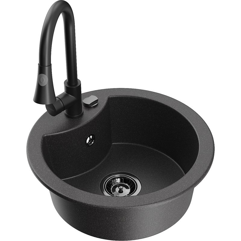 Zlewozmywak granitowy 1-komorowy Mexen Diego z baterią kuchenną Elia czarny nakrapiany - 6512-76-670101-76 1 szt.