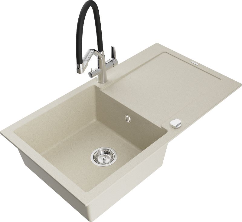 Zlewozmywak granitowy Mexen Leo 1-komorowy z ociekaczem i baterią kuchenną Duo beżowy - 6501-69-671701-57-B 1 szt.