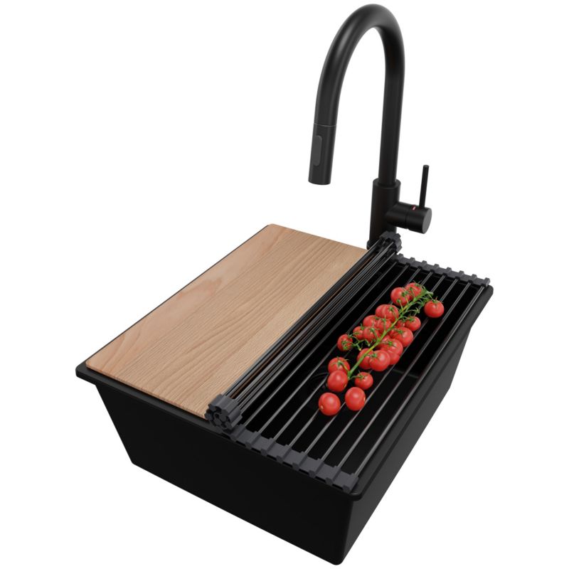 Zlewozmywak Granitowy Londyn Slim PRIMAGRAN Nablatowy 41x47cm do szafki od 45cm z Syfonem i Baterią i Dodatkiem Cały Czarny 1 szt.