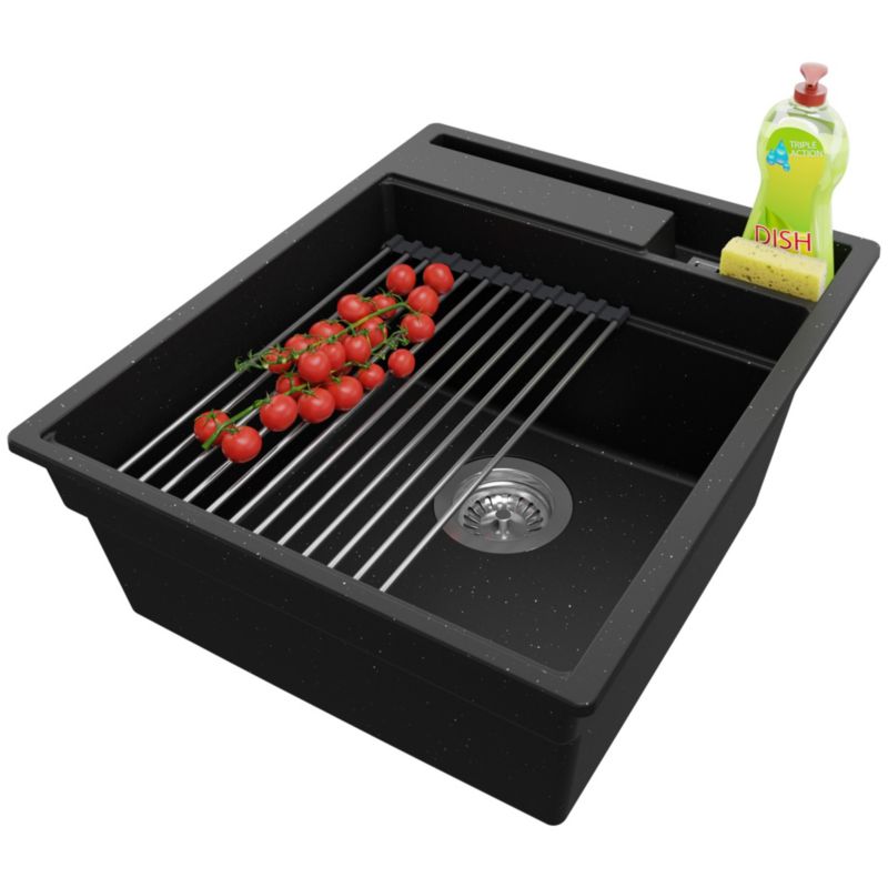 Zlewozmywak Oslo Pocket PRIMAGRAN Nablatowy 43x53cm do szafki od 45cm z Syfonem i Dodatkiem Czarny Metalik 1 szt.