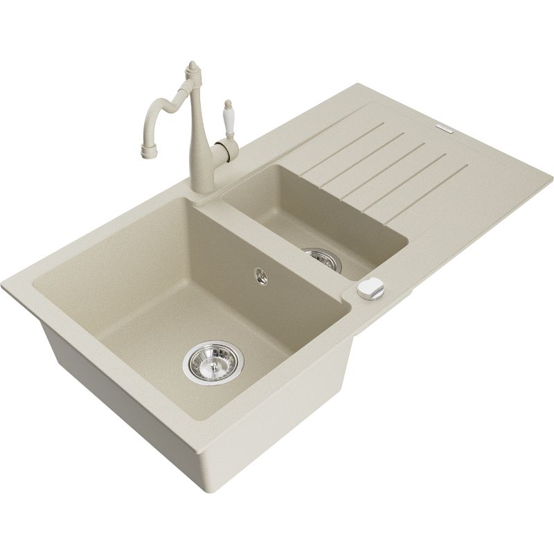 Zlewozmywak granitowy 1.5-komorowy Mexen Matias z ociekaczem i baterią kuchenną Carla beżowy 6502-69-670700-69