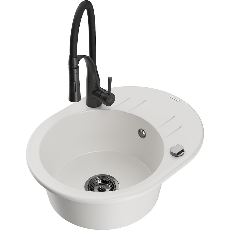 Zlewozmywak granitowy 1-komorowy Mexen Kevin z ociekaczem i baterią kuchenną Aster czarny - 6517-77-73450-70-B 1 szt.