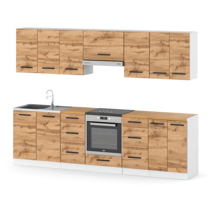 Zestaw Kuchenny Hurtownia-Mebli Z Blatem Kuchnia Roma 280cm Biały Mat Dąb Wotan 280x47x145 cm 1szt.