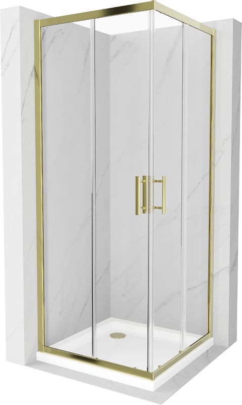 Kabina prysznicowa Mexen Rio kwadratowa 80 x 80 cm transparent złota + brodzik Flat biały