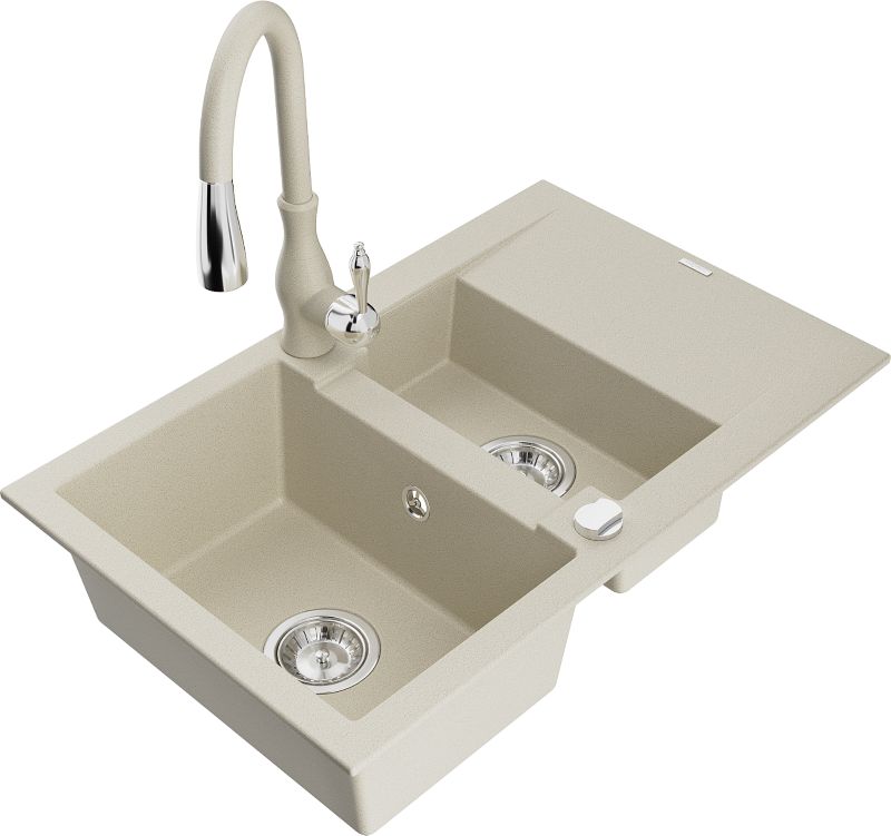 Zlewozmywak granitowy Mexen Gaspar 1,5-komorowy z ociekaczem i baterią kuchenną Savita beżowy 6507-69-672601-69
