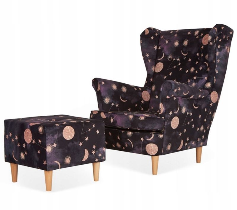 Fotel uszak do salonu z podnóżkiem Family Meble ARI PRINT czarny wzór 1szt