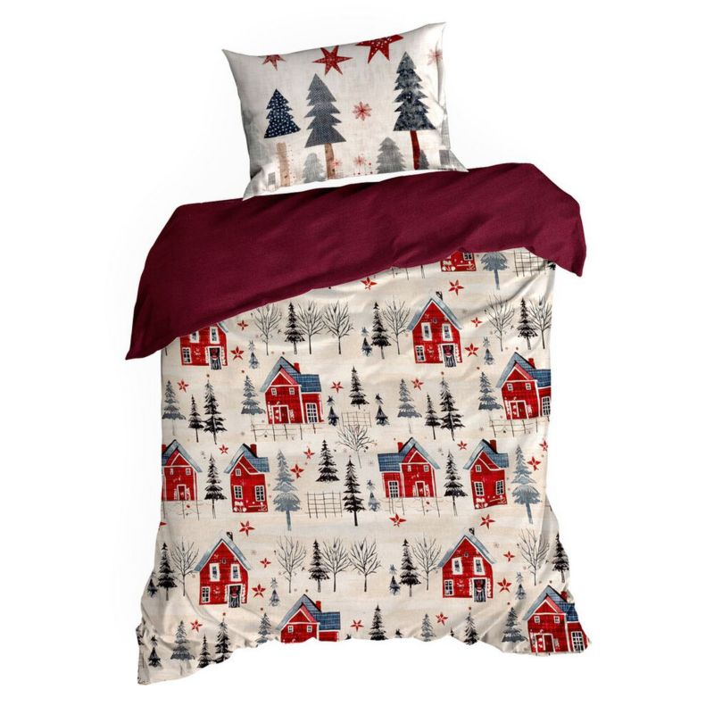 Pościel Świąteczna ASHER Eurofirany Bawełniana Kremowo Czerwona 140X200 Cm Kpl.