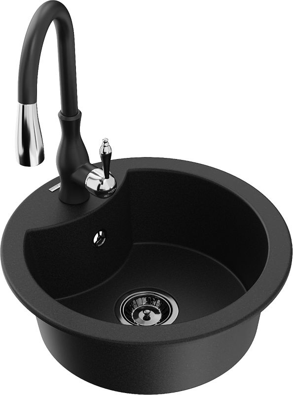 Zlewozmywak granitowy Mexen Diego 1-komorowy z baterią kuchenną Savita czarny 6512-77-672601-70-B