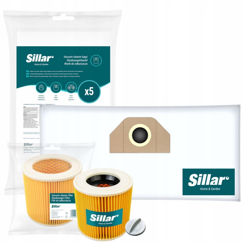 Worki do odkurzacza, Sillar, filtr wzmocniony siatką, zamienniki do Karcher WD2-3, seria A, K, MV, SE, syntetyczne, 6szt