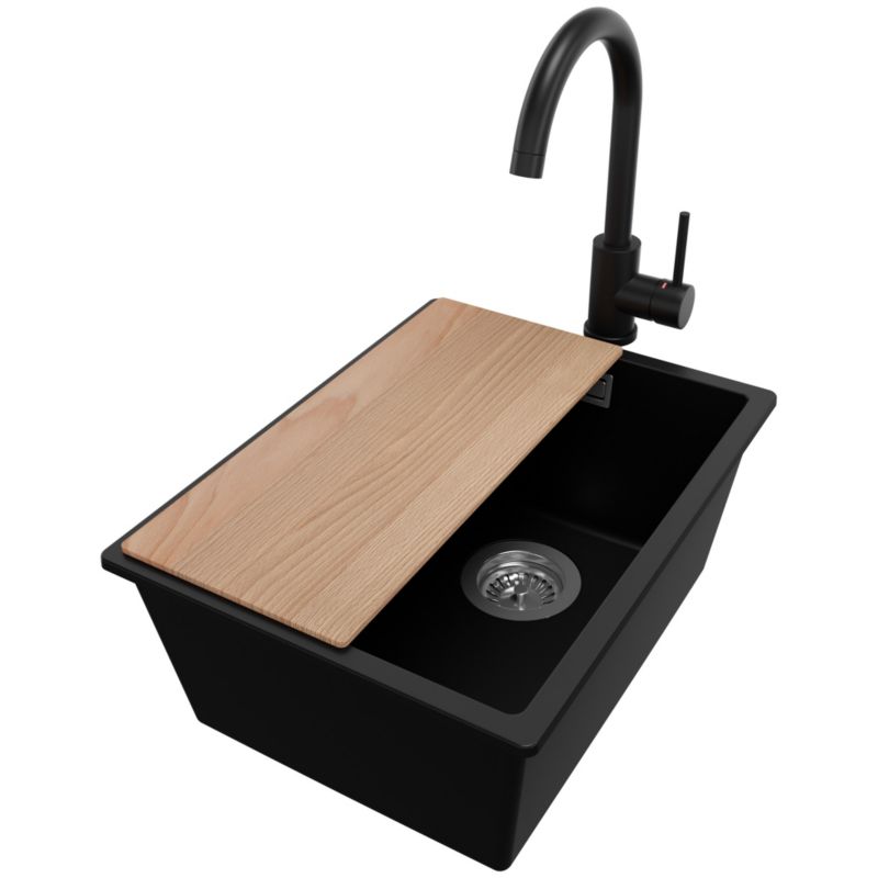 Zlewozmywak Granitowy Londyn Slim PRIMAGRAN Nablatowy 36x47cm do szafki od 40cm z Syfonem i Baterią i Dodatkiem Czarny 1 szt.