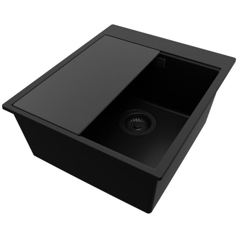 Zlewozmywak Oslo PRIMAGRAN Nablatowy 43x50cm do szafki od 45cm, Cały Czarny + Syfon + Deska, S217, 1 szt.