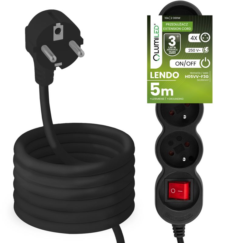 Przedłużacz Sieciowy Lumiled Kabel z Uziemieniem Listwa Zasilająca 4 Gniazda 5m z Włącznikiem Czarny Sznur 1 szt.