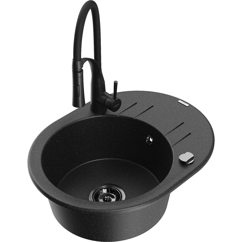 Zlewozmywak granitowy 1-komorowy Mexen Kevin z ociekaczem i baterią Aster czarny/srebrny metalik - 6517-73-73450-57-G 1 szt.