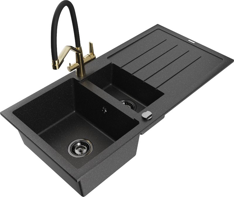 Zlewozmywak granitowy Mexen Andres 1,5-komorowy z ociekaczem i baterią kuchenną Duo czarny/złoty - 6515-75-671701-57-B 1 szt.