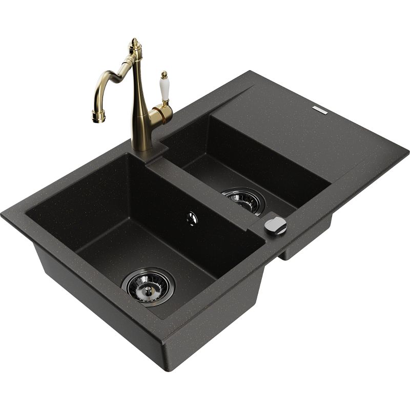 Zlewozmywak granitowy 1.5-komorowy Mexen Gaspar z ociekaczem i baterią kuchenną Carla czarny/złoty metalik 6507-75-670700-50-B
