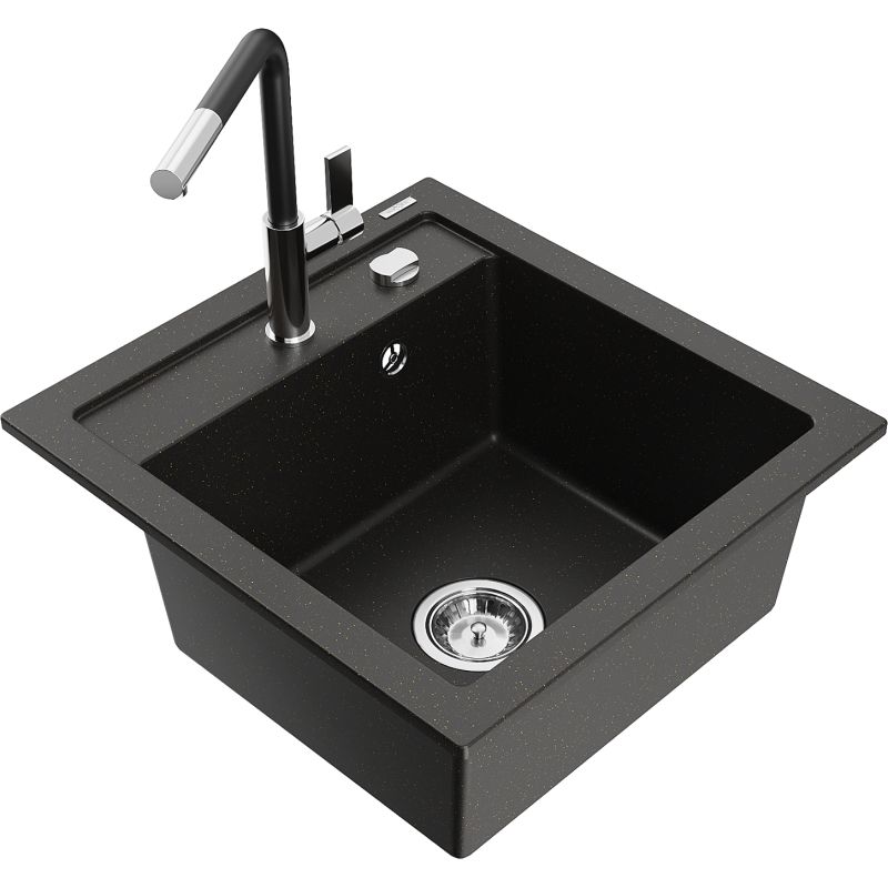 Zlewozmywak granitowy 1-komorowy Mexen Vito z baterią kuchenną Flora czarny/złoty metalik 6503-75-670401-07