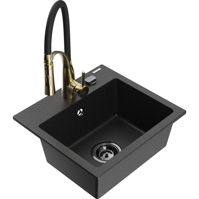 Zlewozmywak granitowy 1-komorowy Mexen Milo z baterią kuchenną Aster czarny/srebrny metalik 6505-73-73450-57-B