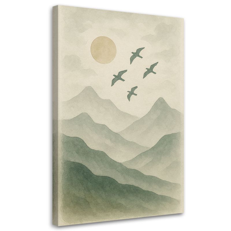 Obraz Japandi Feeby Ptaki Góry Akwarela Zieleń Natura 40x60cm 1szt