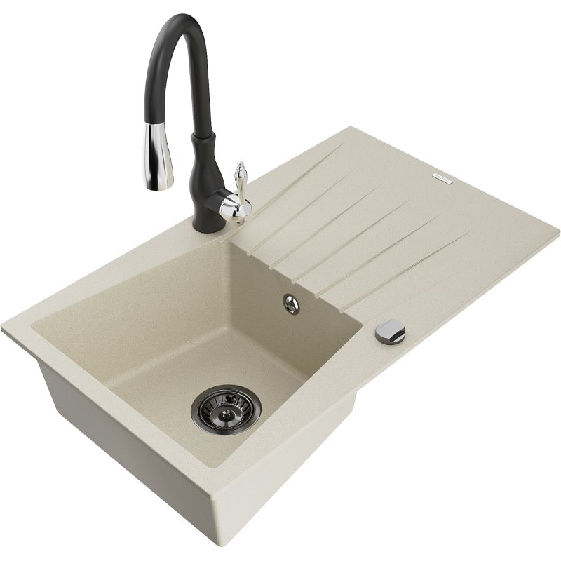 Zlewozmywak granitowy 1-komorowy Mexen Cesar z ociekaczem i baterią kuchenną Savita biały - 6514-20-672601-00 1 szt.