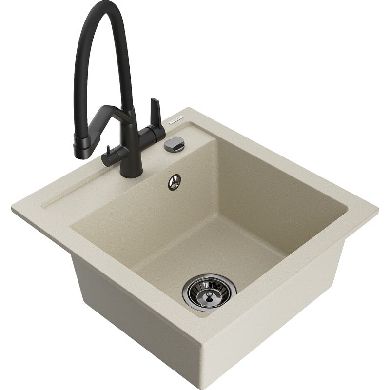 Zlewozmywak granitowy 1-komorowy Mexen Vito z baterią kuchenną Duo biały - 6503-20-671701-70-B 1 szt.