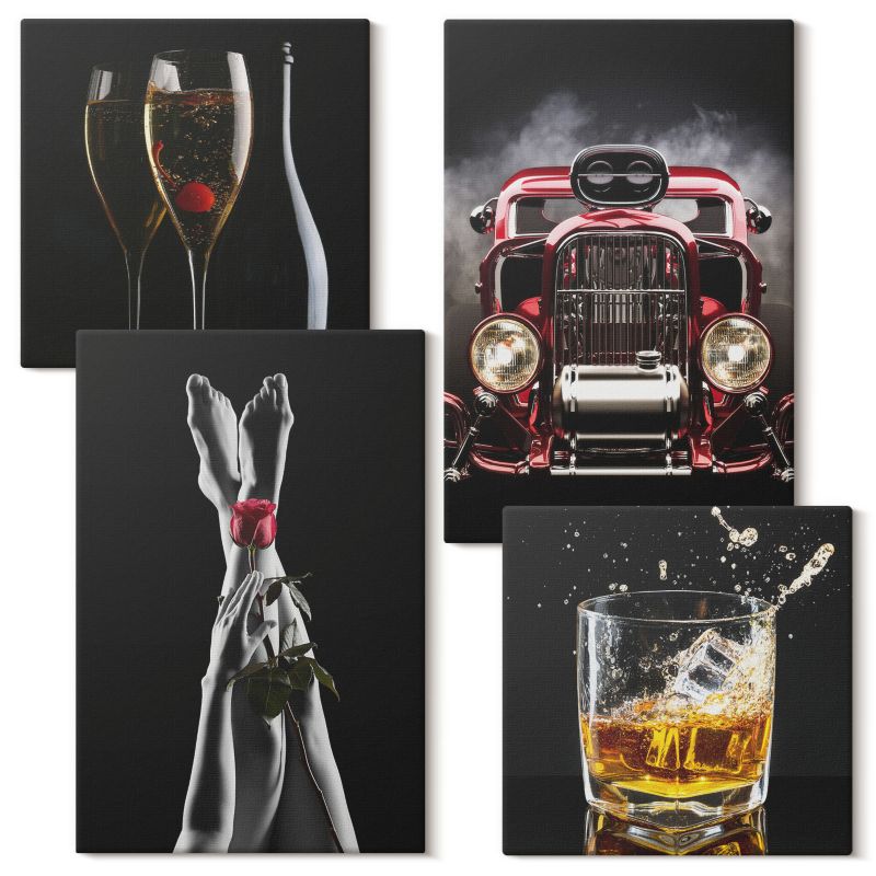 Komplet Obrazów Na Płótnie Wallfluent Kobiece nogi róża auto whisky 4 szt.