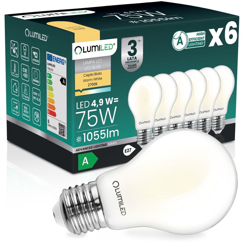 Żarówka LED Lumiled E27 A60 4,9W 1055lm 2700K 360st Filament Klasa A 6 szt.