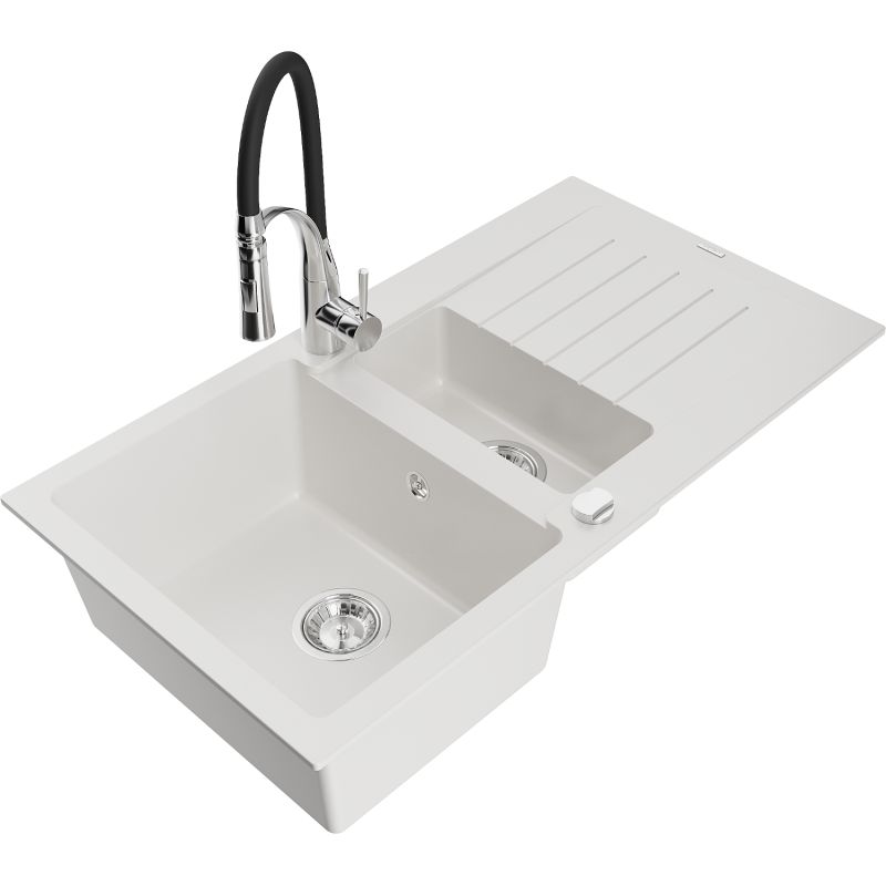 Zlewozmywak granitowy 1.5-komorowy Mexen Matias z ociekaczem i baterią kuchenną Aster biały 6502-20-73450-07