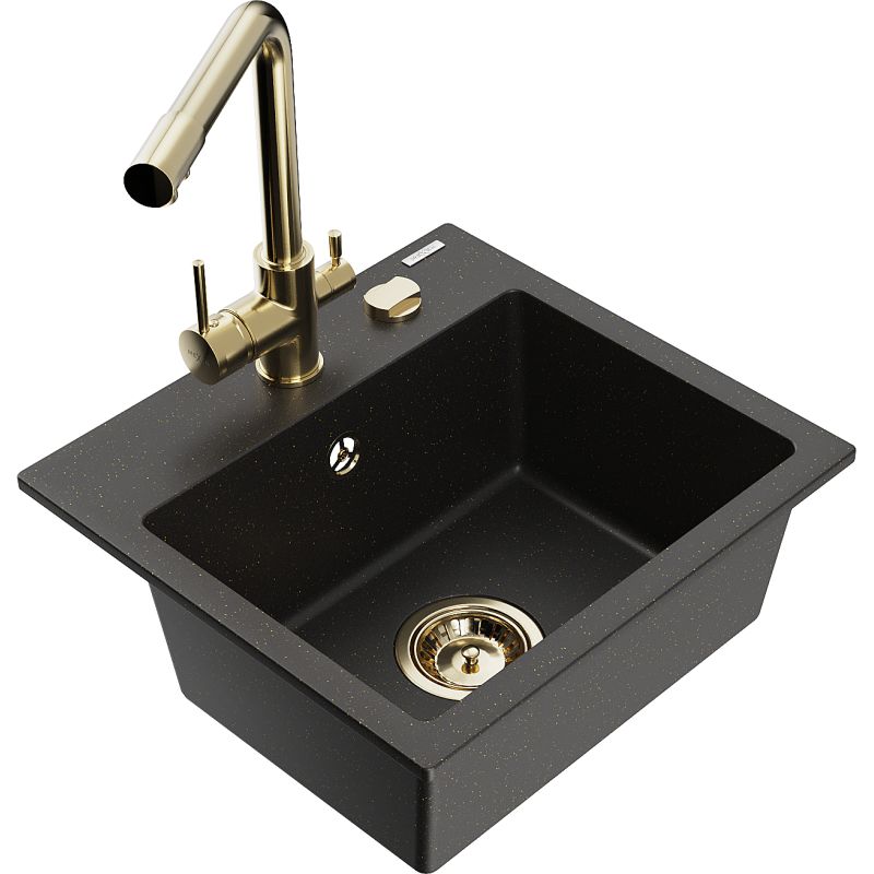 Zlewozmywak granitowy 1-komorowy Mexen Milo z baterią kuchenną Duero czarny/złoty metalik 6505-75-671600-50