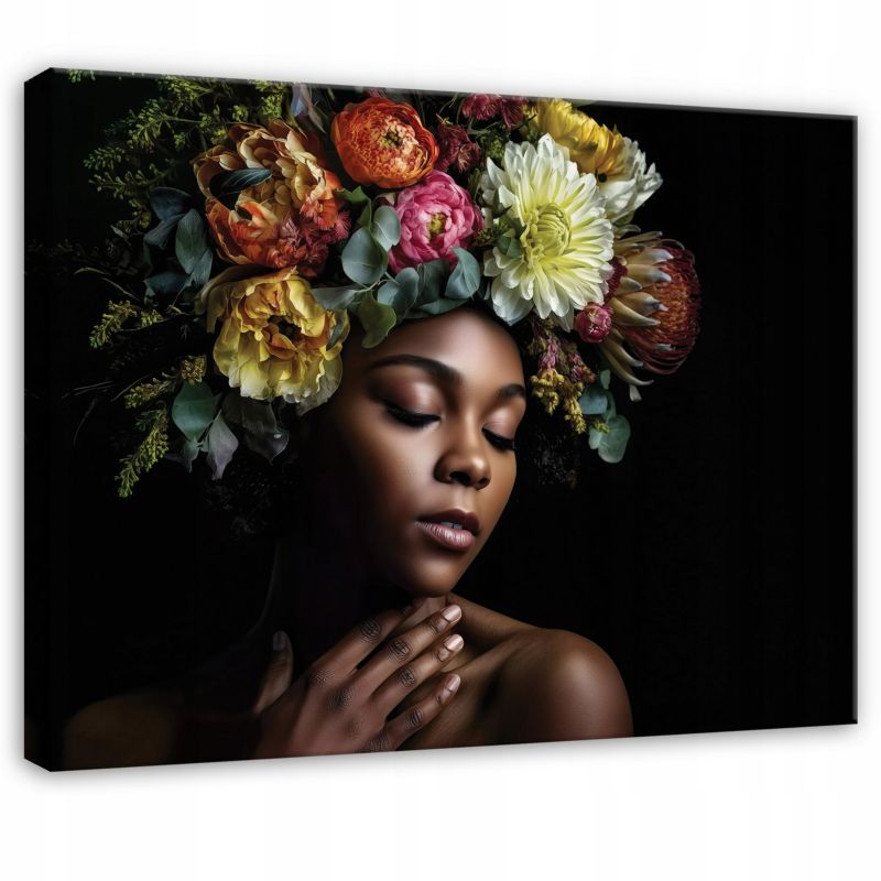 Obraz Kobieta Kwiaty Czarny WALLARENA 60x40 cm Obraz Ścienny Do Sypialni Salonu Na Płótnie Canvas 1 szt.