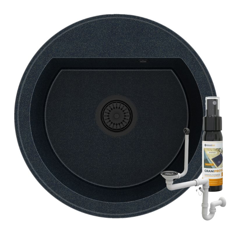 Zlewozmywak Granitowy Okrągły Kuchenny Jednokomorowy Granitan Arno Złoty Syfon Czarny 1 kpl.