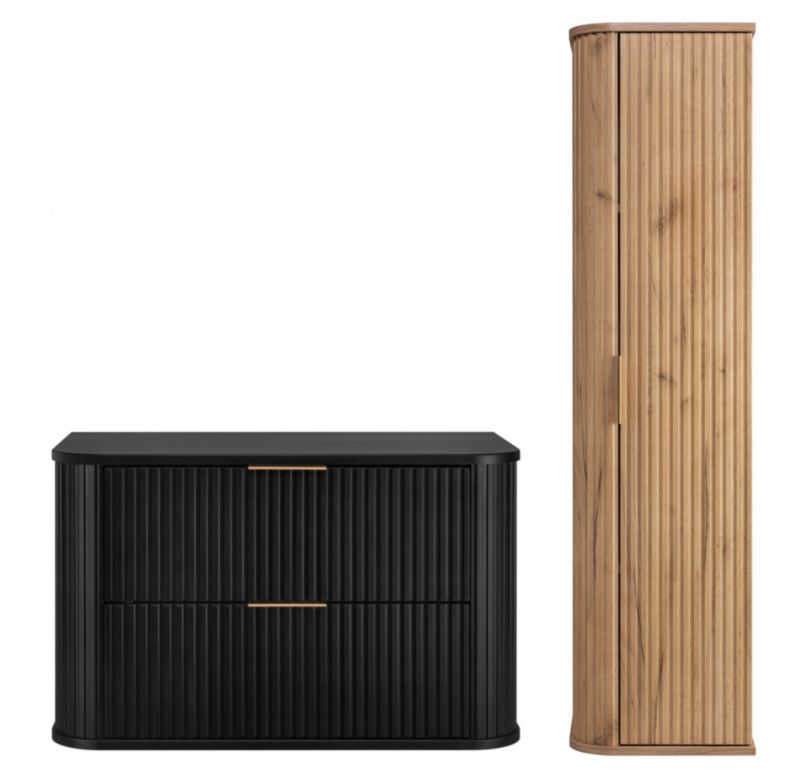 Szafka pod umywalkę i słupek Furnidea 80 cm + 139 cm czarna dąb craft ryflowany Glamour zestaw
