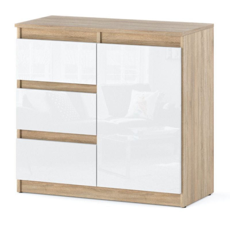 Komoda Hurtownia-Mebli Szuflady 3 Agnes 1D3SZ 80cm Dąb Sonoma Biały Połysk 80x35x75 cm 1szt.