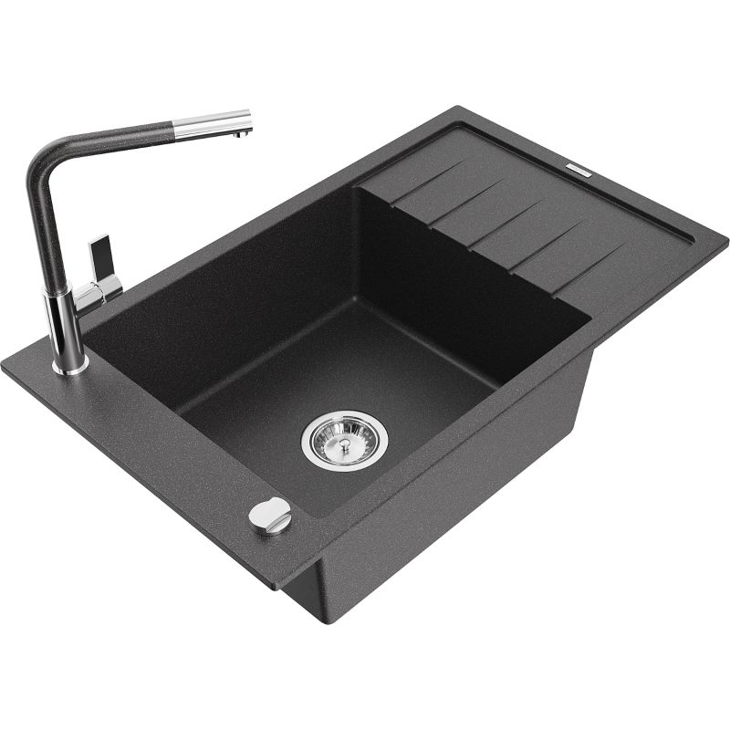Zlewozmywak granitowy 1-komorowy Mexen Elias z ociekaczem i baterią kuchenną Flora czarny nakrapiany - 6511-76-670401-08-B 1 szt.
