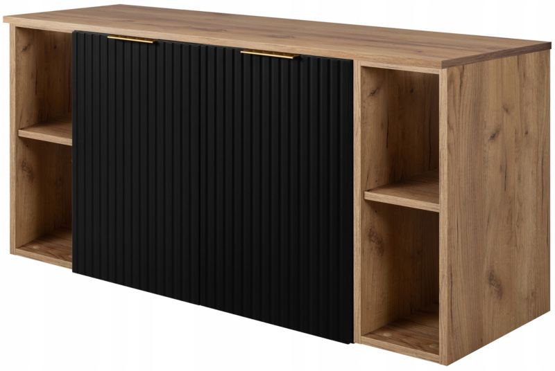 Szafka łazienkowa Furnidea 120 cm wisząca pod umywalkę czarna z regałami i blatem dąb craft Flow 1 szt.