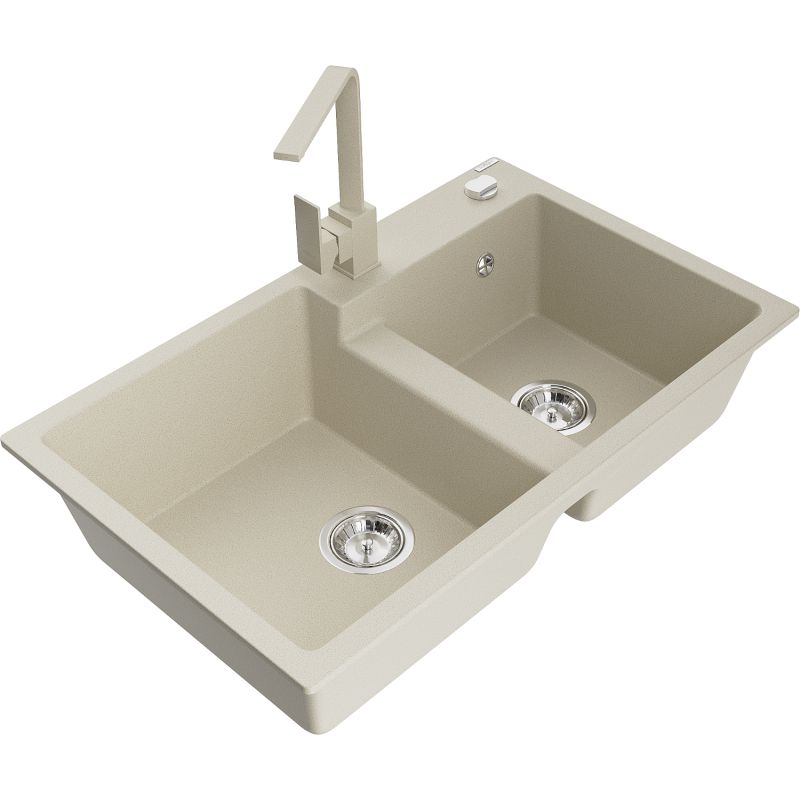 Zlewozmywak granitowy 2-komorowy Mexen Tomas z baterią kuchenną Rita beżowy 6516-69-670300-69