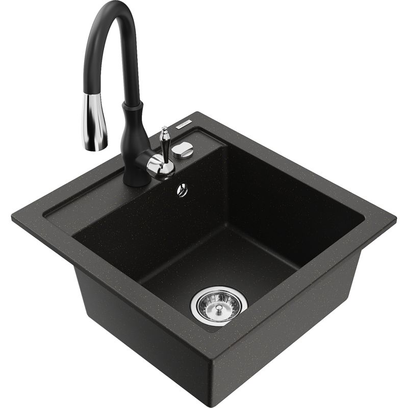 Zlewozmywak granitowy 1-komorowy Mexen Vito z baterią kuchenną Savita szary - 6503-71-672601-00 1 szt.