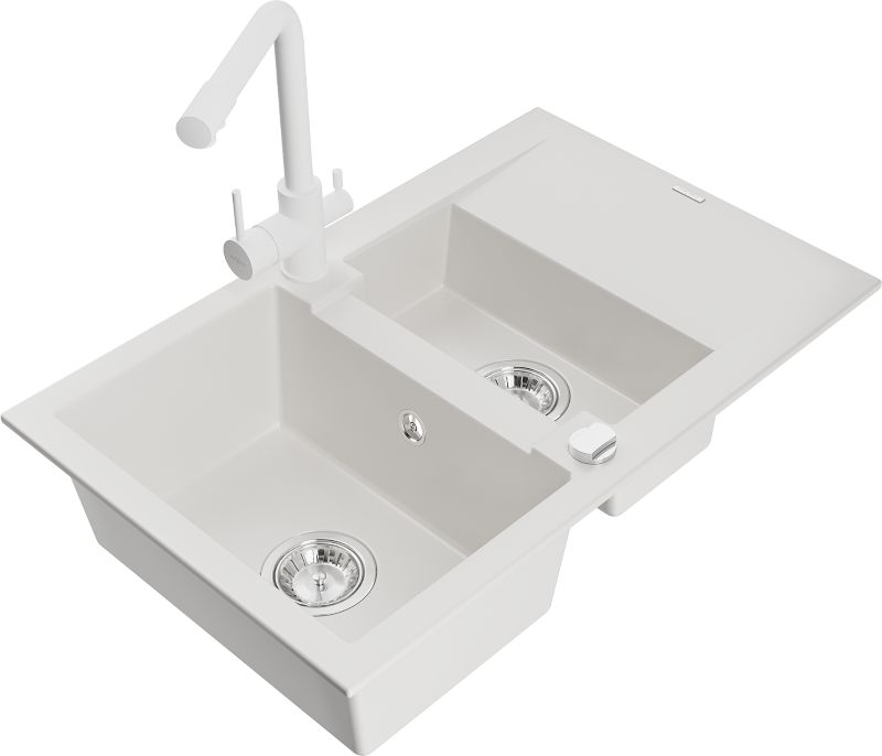 Zlewozmywak granitowy Mexen Gaspar 1,5-komorowy z ociekaczem i baterią kuchenną Duero biały 6507-20-671600-20