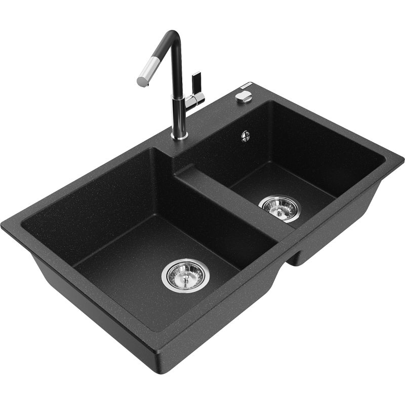 Zlewozmywak granitowy 2-komorowy Mexen Tomas z baterią kuchenną Flora czarny/srebrny metalik 6516-73-670401-07
