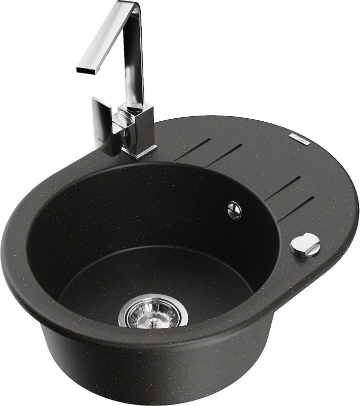 Zlewozmywak granitowy Mexen Kevin 1-komorowy z ociekaczem i baterią kuchenną Rita czarny/złoty 6517-75-670300-00