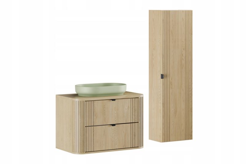 Szafka pod umywalkę i słupek Furnidea 80 cm dąb Cremona ryflowany Ovalia zestaw