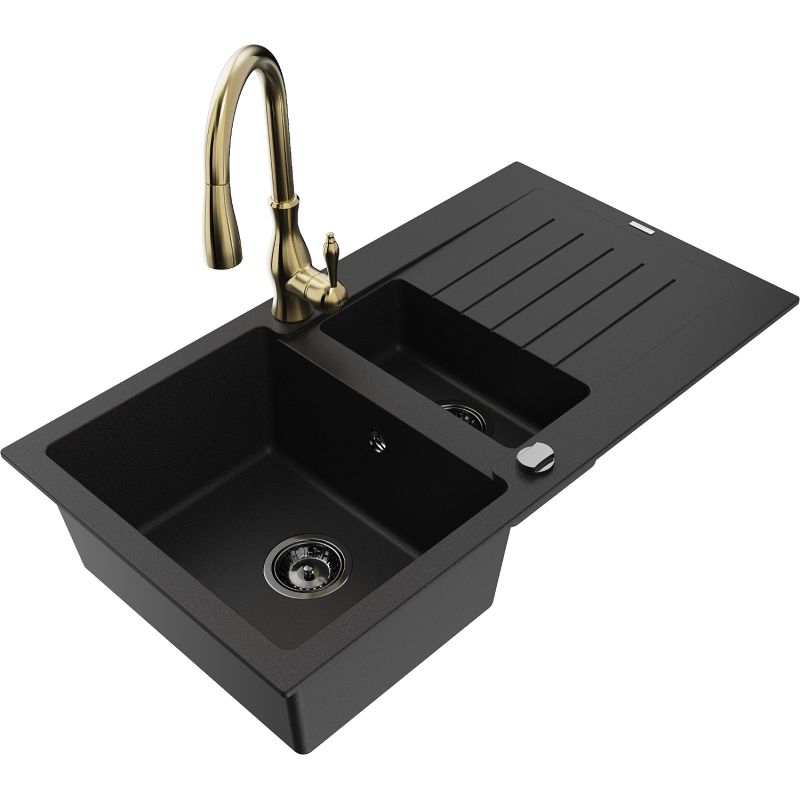 Zlewozmywak granitowy 1.5-komorowy Mexen Matias z ociekaczem i baterią kuchenną Savita czarny - 6502-77-672601-00 1 szt.
