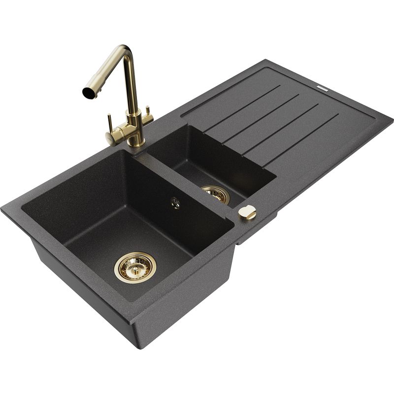 Zlewozmywak granitowy 1.5-komorowy Mexen Andres z ociekaczem i baterią kuchenną Duero czarny nakrapiany 6515-76-671600-50